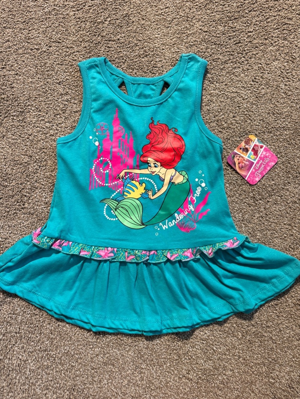 Disney Teal Ariel Graphic Tank Top Tee  with Peplum Waist Accent and Cute Back